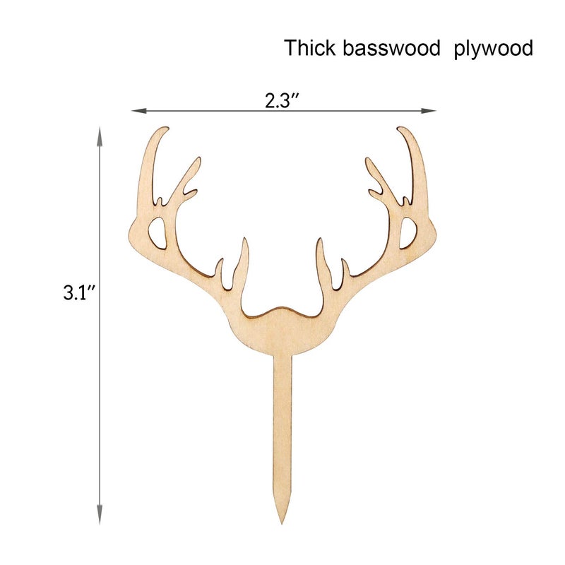 Huray Rayho Antler Cupcake Toppers Wooden Deer Cake Picks Decorations Baby Shower Wedding Hunting Boho Rustic Country Birthday Theme Party Supplies Qty 24 - Image 2